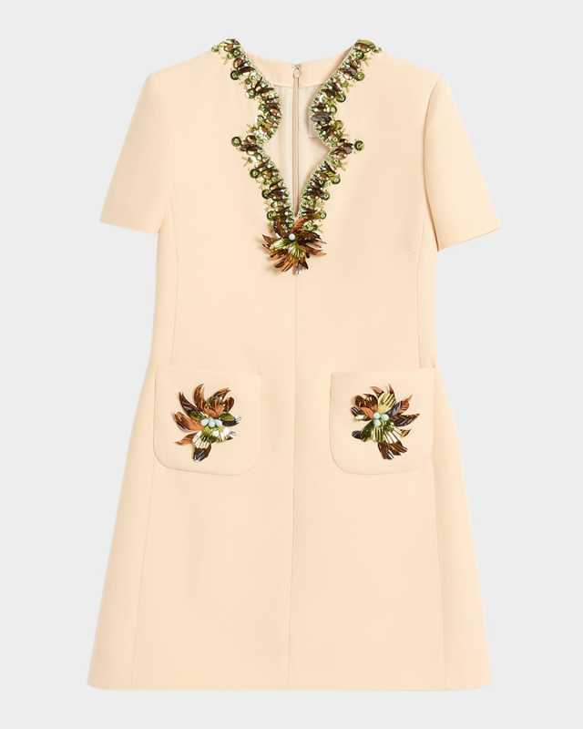 Embellished Short-Sleeve Crepe Mini Dress